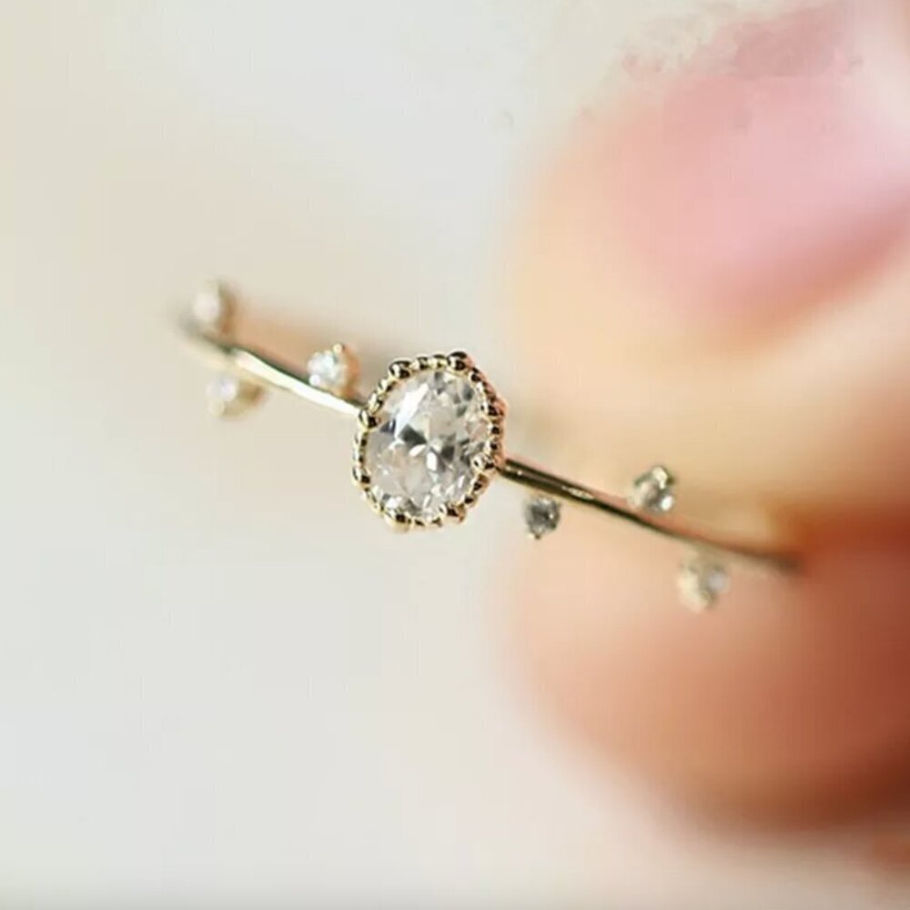 14k Gold Dainty Oval Cut Diamond Ring Band